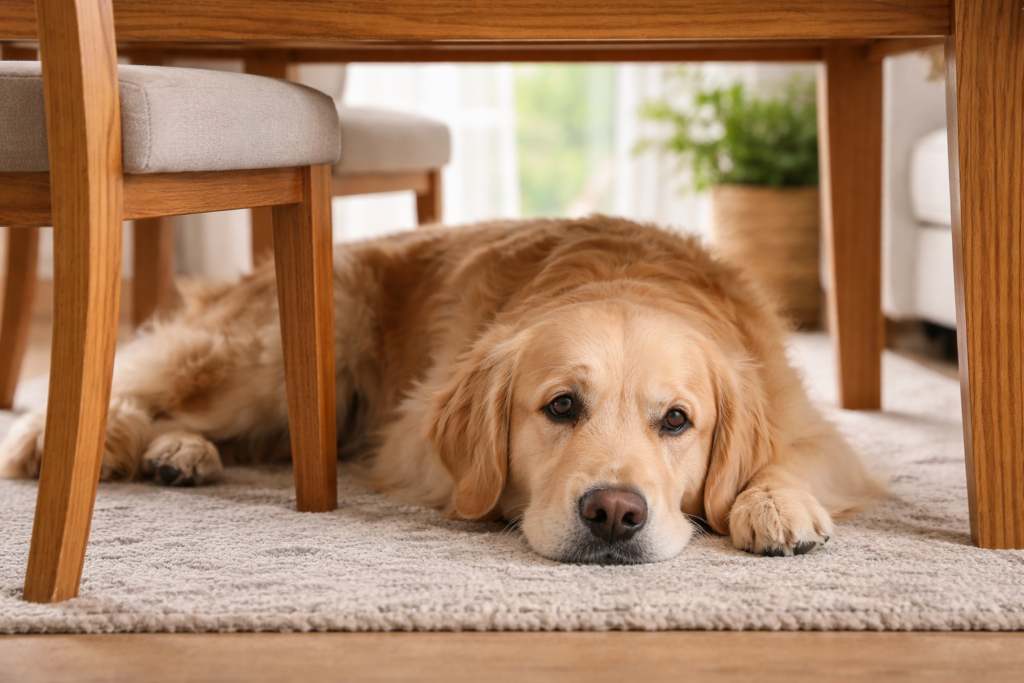 cachorro deita embaixo da cama.