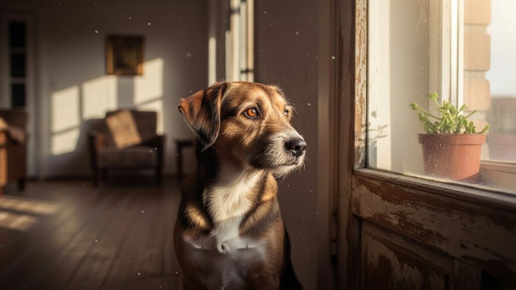 Cachorro sozinho em casa demonstrando sinais de tristeza e possível depressão por longos períodos sem companhia