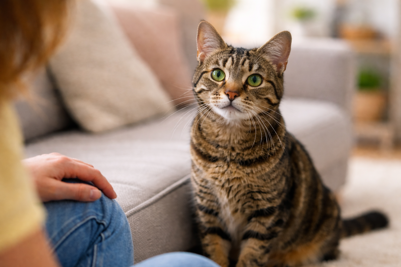 Gato observando o tutor em ambiente doméstico, comportamento felino e comunicação silenciosa
