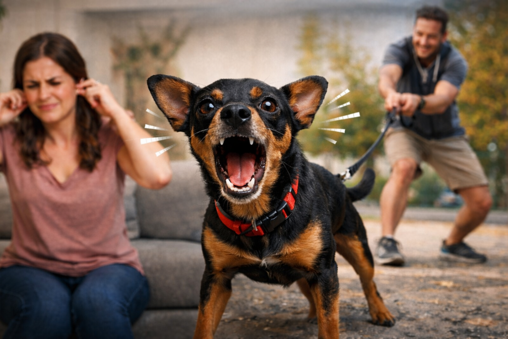 cansada dos latidos do Pinscher