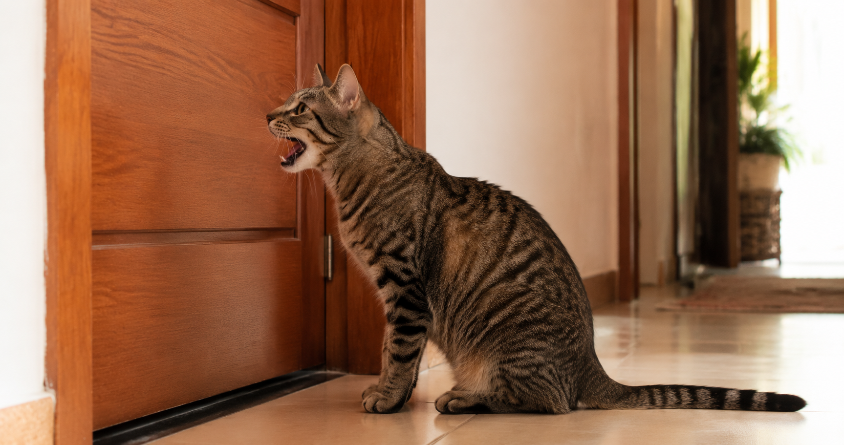 Gato tigrado miando diante de uma porta de madeira fechada.